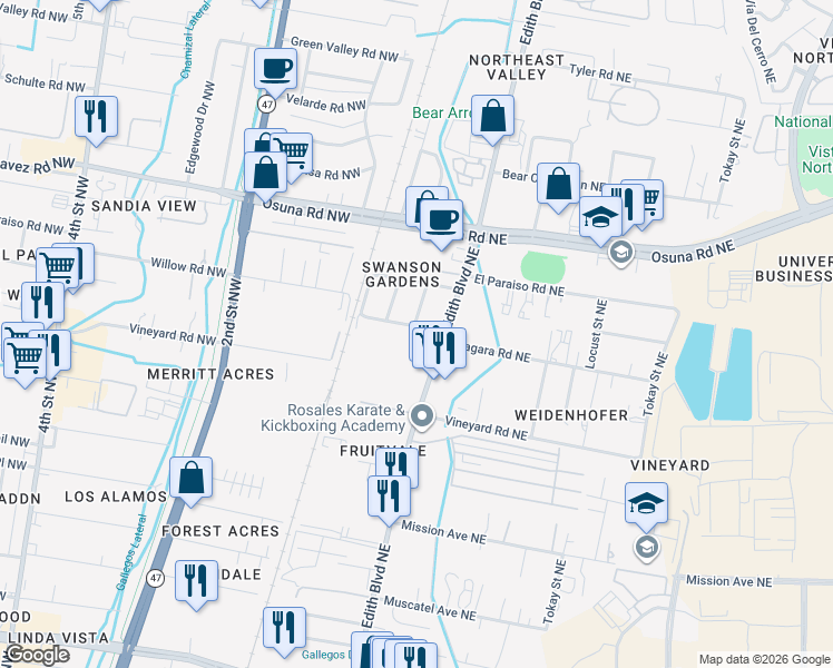 map of restaurants, bars, coffee shops, grocery stores, and more near 216 Mullen Road Northeast in Albuquerque