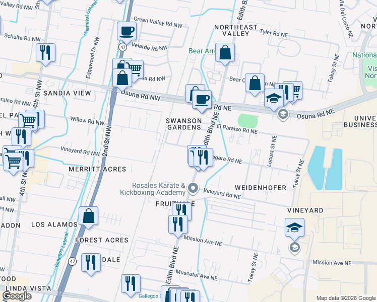 map of restaurants, bars, coffee shops, grocery stores, and more near 216 Mullen Road Northeast in Albuquerque