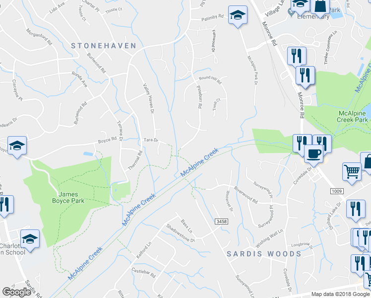 map of restaurants, bars, coffee shops, grocery stores, and more near 6607 Pineburr Road in Charlotte