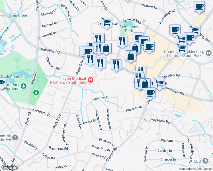 map of restaurants, bars, coffee shops, grocery stores, and more near 4705 Barclay Downs Dr in Charlotte