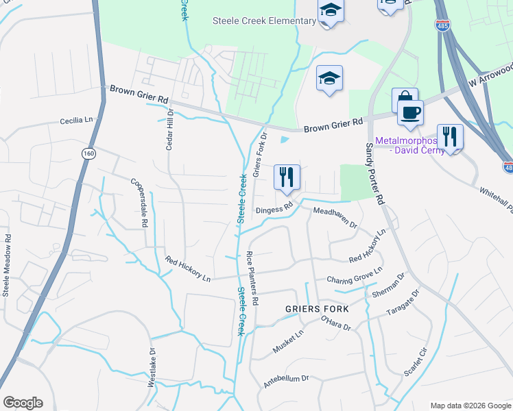 map of restaurants, bars, coffee shops, grocery stores, and more near 4016 Griers Fork Drive in Charlotte