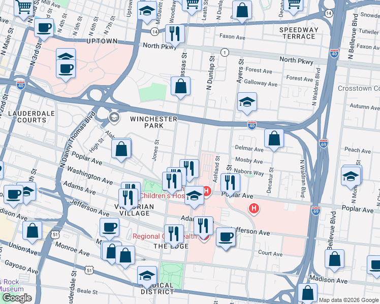 map of restaurants, bars, coffee shops, grocery stores, and more near 278 Leath Street in Memphis