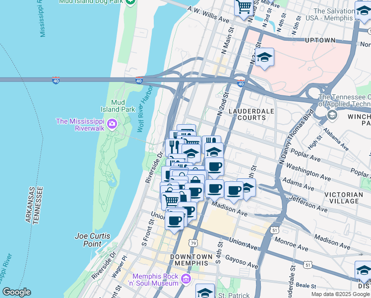 map of restaurants, bars, coffee shops, grocery stores, and more near in Memphis