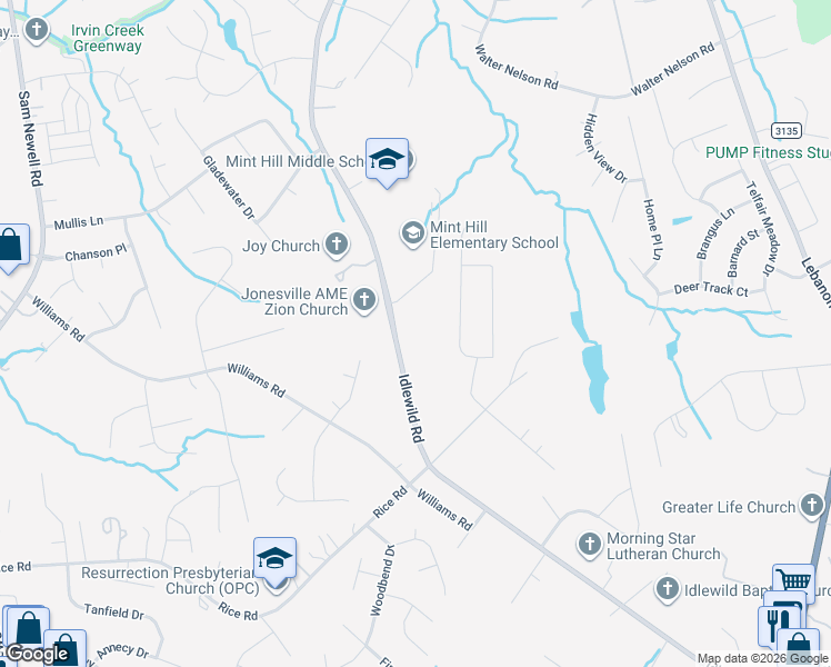 map of restaurants, bars, coffee shops, grocery stores, and more near 11735 Idlewild Road in Matthews