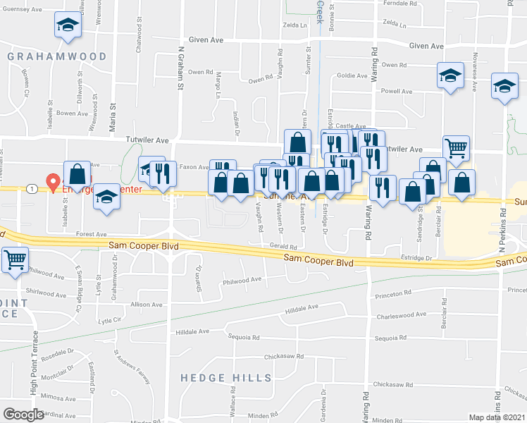 map of restaurants, bars, coffee shops, grocery stores, and more near 610 Vaughn Road in Memphis