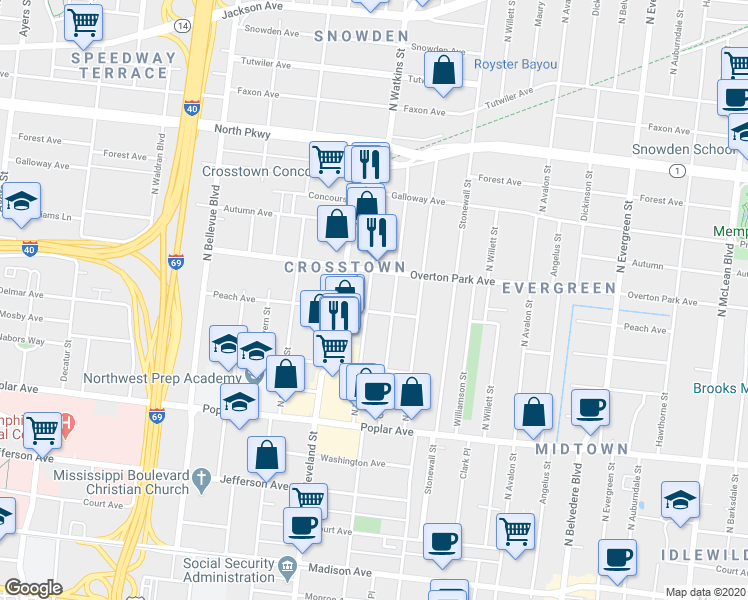 map of restaurants, bars, coffee shops, grocery stores, and more near 348 North Watkins Street in Memphis