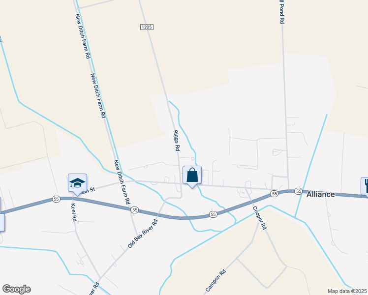 map of restaurants, bars, coffee shops, grocery stores, and more near 182 Riggs Road in Grantsboro