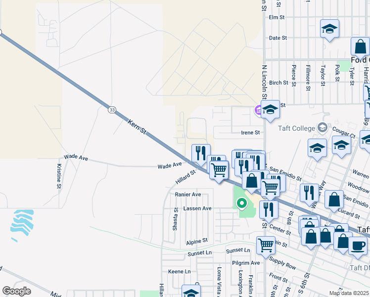 map of restaurants, bars, coffee shops, grocery stores, and more near Continental Road in Taft