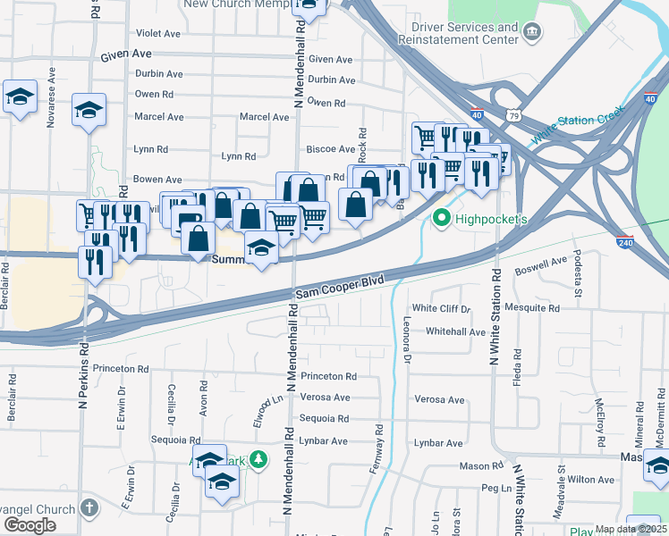 map of restaurants, bars, coffee shops, grocery stores, and more near 4941 Summer Avenue in Memphis