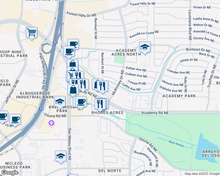 map of restaurants, bars, coffee shops, grocery stores, and more near 5931 McKinney Drive Northeast in Albuquerque