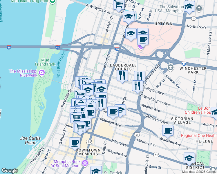map of restaurants, bars, coffee shops, grocery stores, and more near 193 Washington Avenue in Memphis