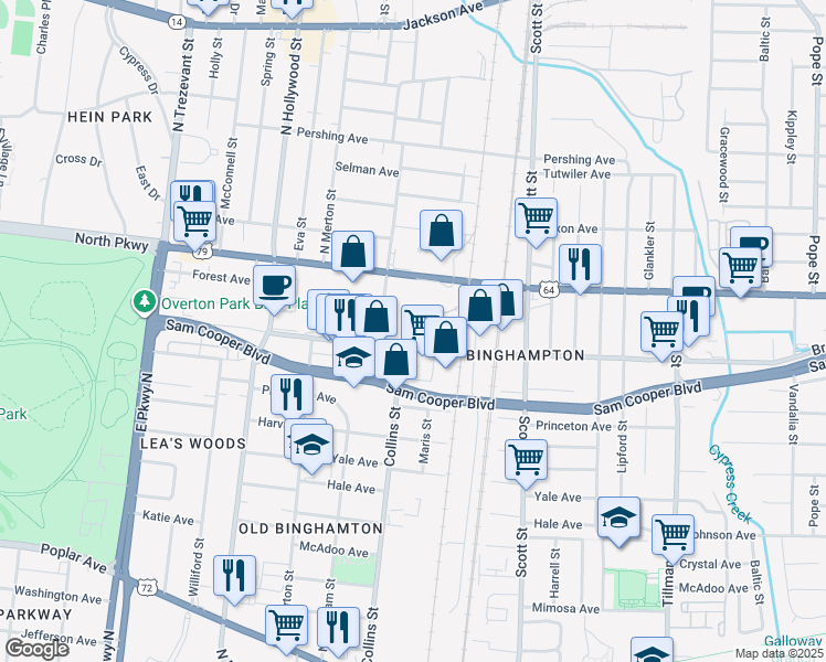 map of restaurants, bars, coffee shops, grocery stores, and more near 490 N Bingham St in Memphis