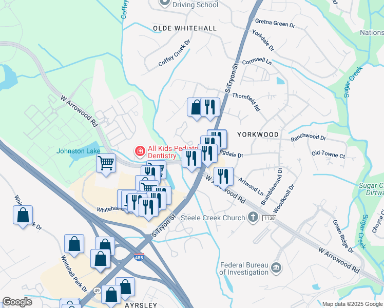 map of restaurants, bars, coffee shops, grocery stores, and more near 2400 Whitehall Estates Drive in Charlotte