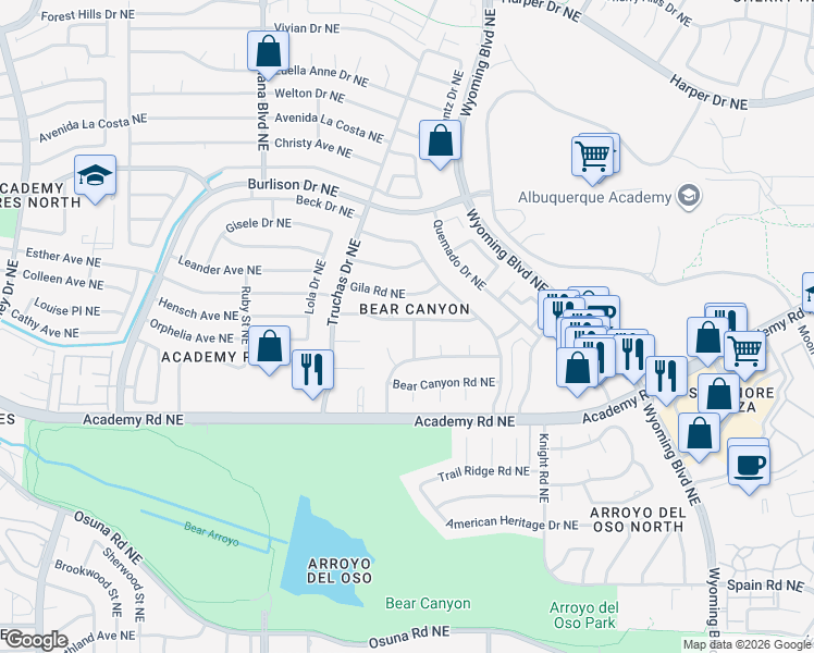 map of restaurants, bars, coffee shops, grocery stores, and more near 7436 El Morro Road Northeast in Albuquerque