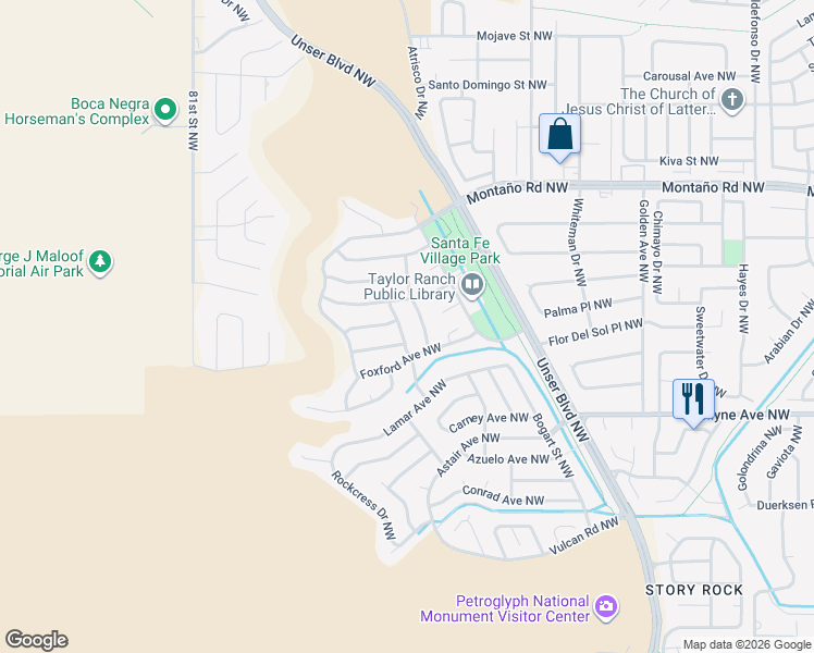 map of restaurants, bars, coffee shops, grocery stores, and more near 5609 Creggs Street Northwest in Albuquerque