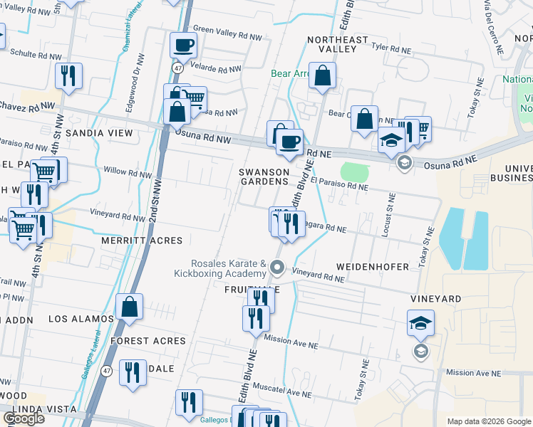 map of restaurants, bars, coffee shops, grocery stores, and more near 216 Mullen Road Northeast in Albuquerque