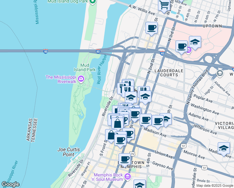 map of restaurants, bars, coffee shops, grocery stores, and more near 40 South Main Street in Memphis