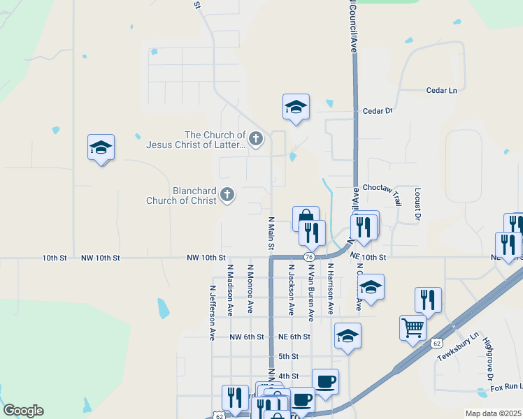 map of restaurants, bars, coffee shops, grocery stores, and more near 201 High Point Court in Blanchard