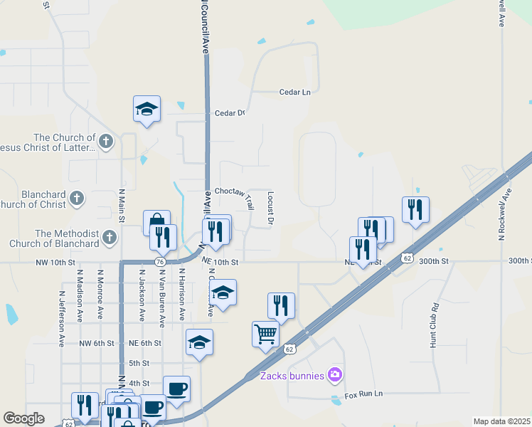 map of restaurants, bars, coffee shops, grocery stores, and more near 1210 Choctaw Trail in Blanchard