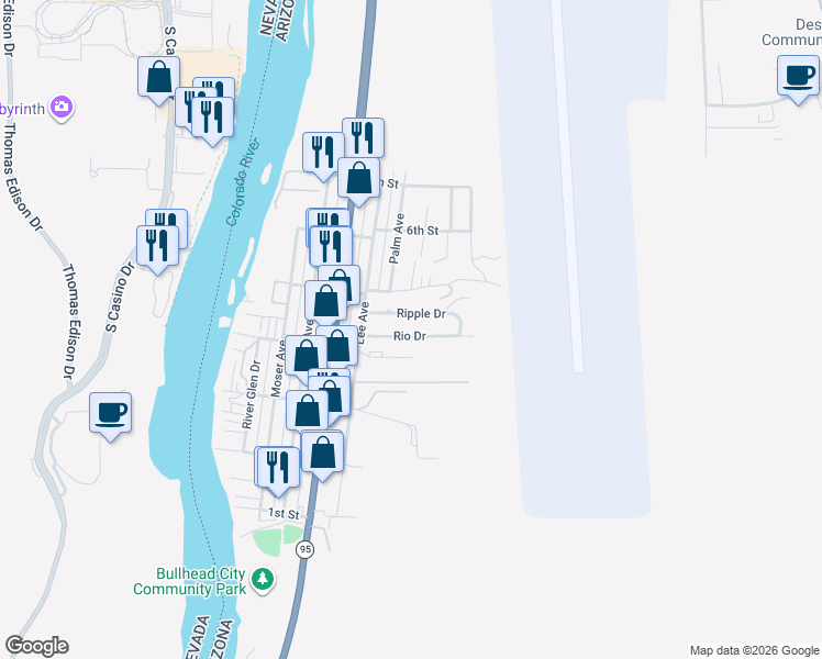 map of restaurants, bars, coffee shops, grocery stores, and more near 2404 Rio Drive in Bullhead City