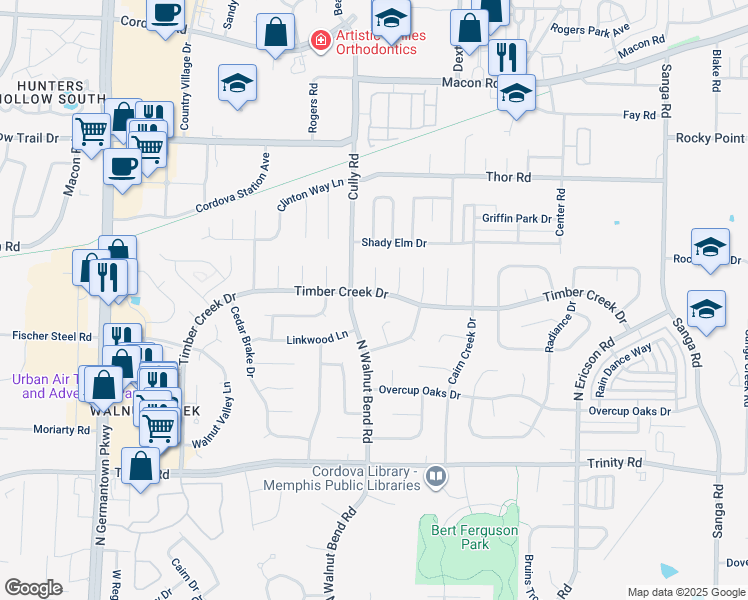 map of restaurants, bars, coffee shops, grocery stores, and more near 8379 Timber Creek Drive in Memphis