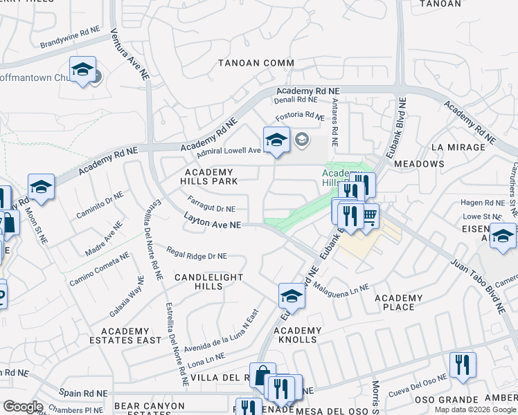 map of restaurants, bars, coffee shops, grocery stores, and more near 5905 Concordia Road Northeast in Albuquerque