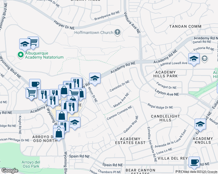 map of restaurants, bars, coffee shops, grocery stores, and more near 6104 Casa Feliz Northeast in Albuquerque