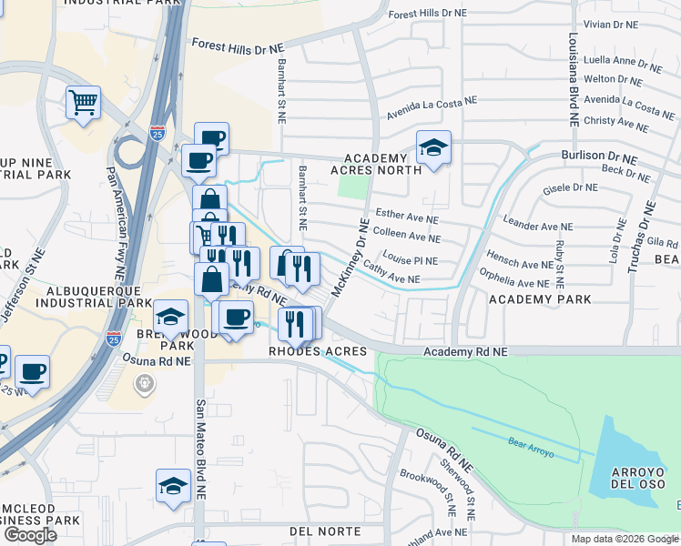 map of restaurants, bars, coffee shops, grocery stores, and more near 5981 McKinney Drive Northeast in Albuquerque