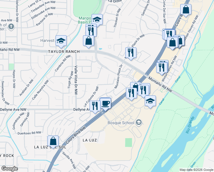 map of restaurants, bars, coffee shops, grocery stores, and more near 5508 Pegasus Place Northwest in Albuquerque