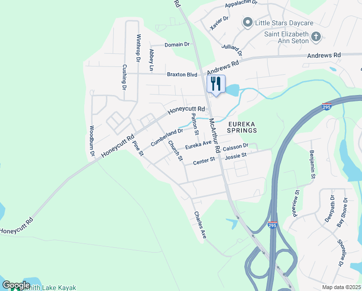 map of restaurants, bars, coffee shops, grocery stores, and more near 6308 Church Street in Fayetteville