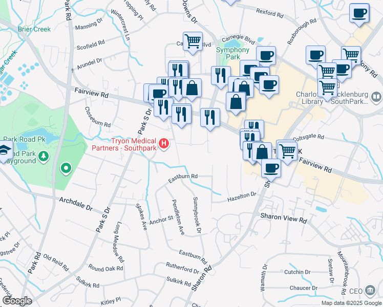 map of restaurants, bars, coffee shops, grocery stores, and more near 4705 Barclay Downs Dr in Charlotte