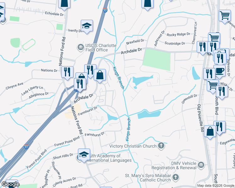 map of restaurants, bars, coffee shops, grocery stores, and more near 807 High Meadow Lane in Charlotte
