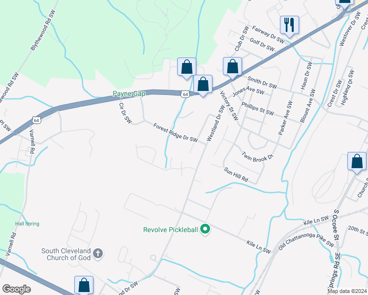 map of restaurants, bars, coffee shops, grocery stores, and more near 1807 Forest Ridge Drive Southwest in Cleveland