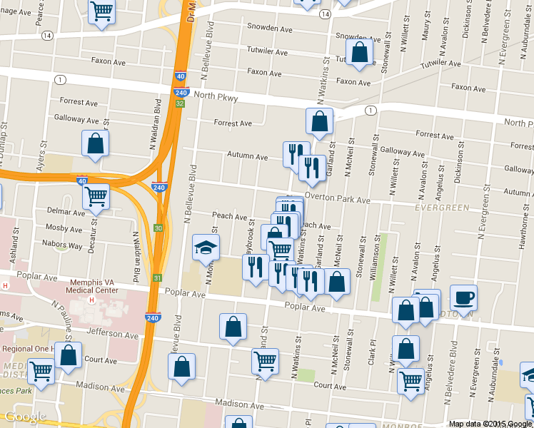 map of restaurants, bars, coffee shops, grocery stores, and more near 337 North Cleveland Street in Memphis