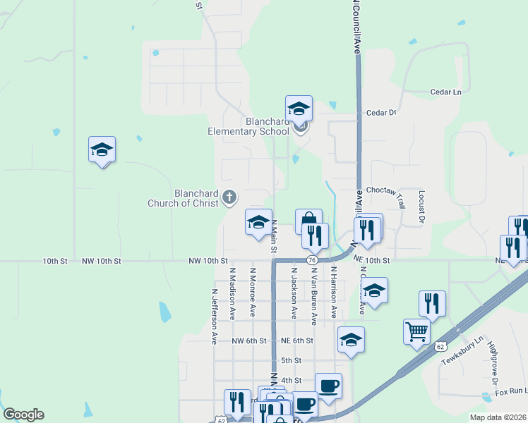 map of restaurants, bars, coffee shops, grocery stores, and more near 200 High Point Court in Blanchard