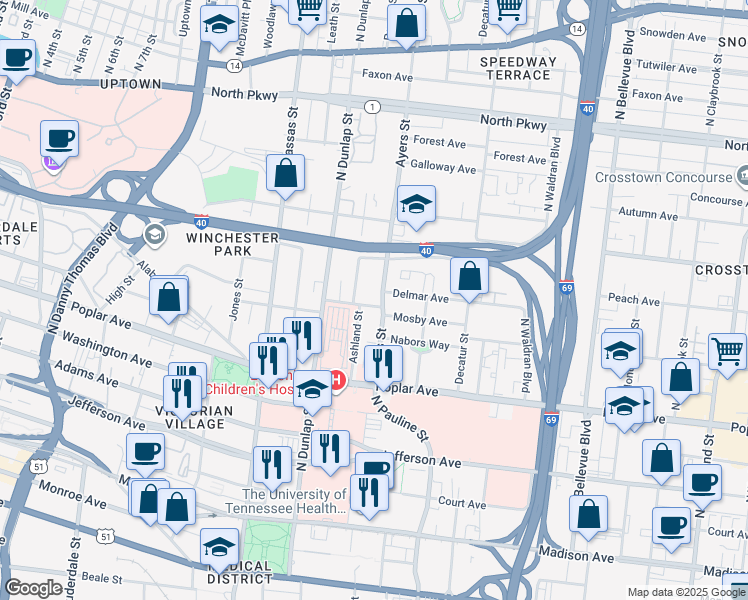 map of restaurants, bars, coffee shops, grocery stores, and more near 900 Mosby Avenue in Memphis