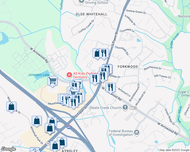 map of restaurants, bars, coffee shops, grocery stores, and more near 2310 Whitehall Estates Drive in Charlotte