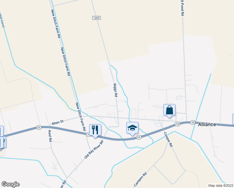 map of restaurants, bars, coffee shops, grocery stores, and more near 182 Riggs Road in Grantsboro