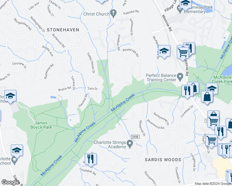 map of restaurants, bars, coffee shops, grocery stores, and more near 6545 Pineburr Road in Charlotte