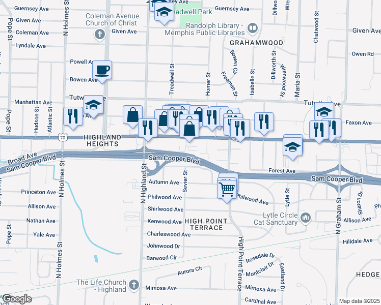 map of restaurants, bars, coffee shops, grocery stores, and more near 3625 Forrest Avenue in Memphis