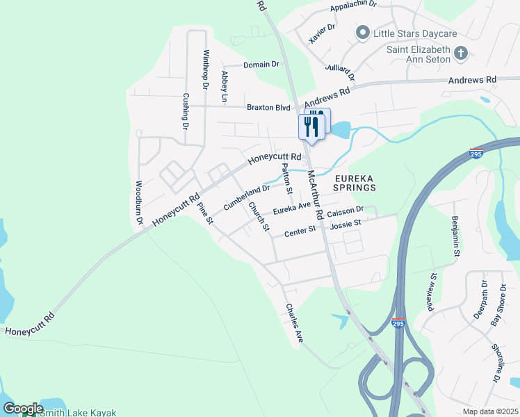 map of restaurants, bars, coffee shops, grocery stores, and more near 6308 Church Street in Fayetteville