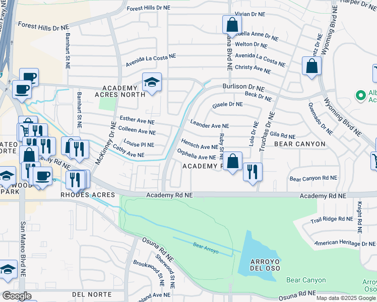 map of restaurants, bars, coffee shops, grocery stores, and more near 6624 Orphelia Avenue Northeast in Albuquerque