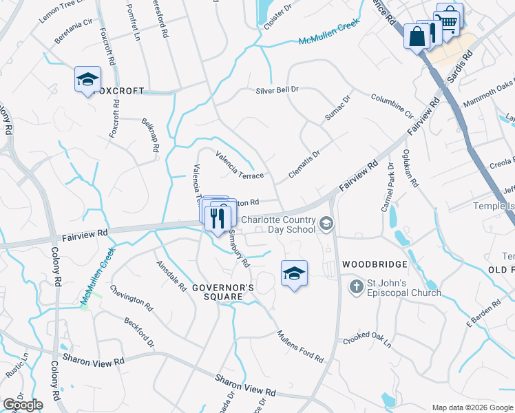 map of restaurants, bars, coffee shops, grocery stores, and more near 8009 Fairview Road in Charlotte