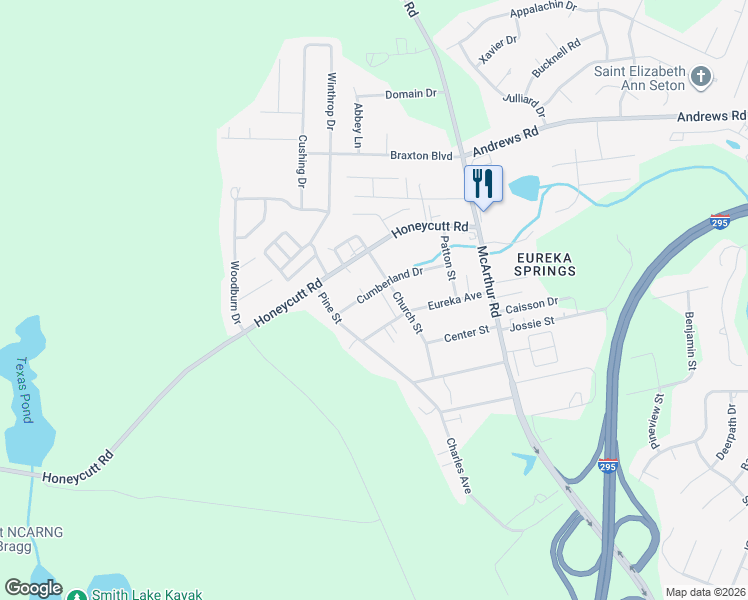 map of restaurants, bars, coffee shops, grocery stores, and more near 1733 Cumberland Drive in Fayetteville