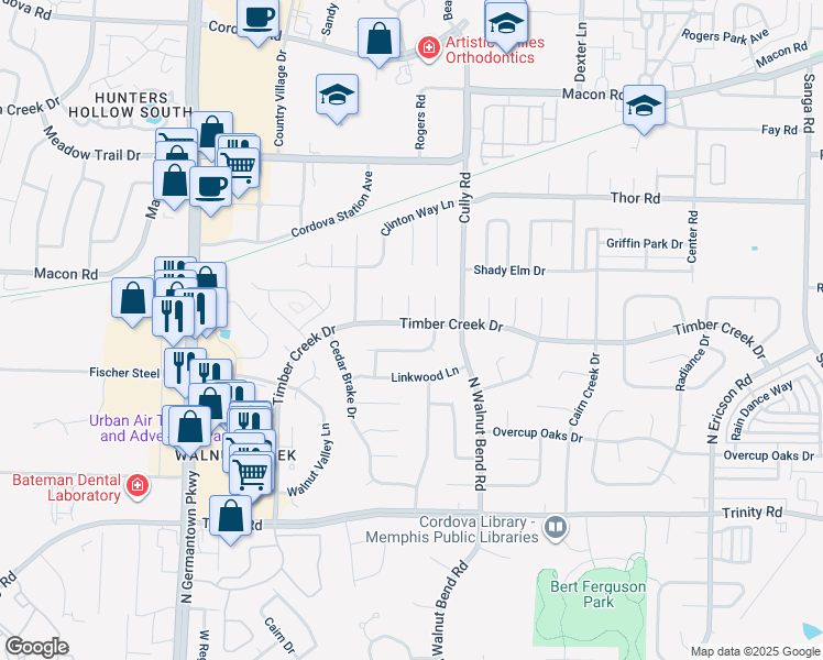 map of restaurants, bars, coffee shops, grocery stores, and more near 8289 Timber Creek Drive in Memphis