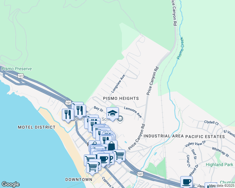 map of restaurants, bars, coffee shops, grocery stores, and more near 820 Stratford Street in Pismo Beach