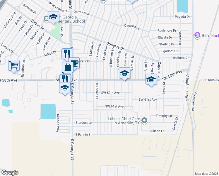 map of restaurants, bars, coffee shops, grocery stores, and more near 5812 South Bonham Street in Amarillo