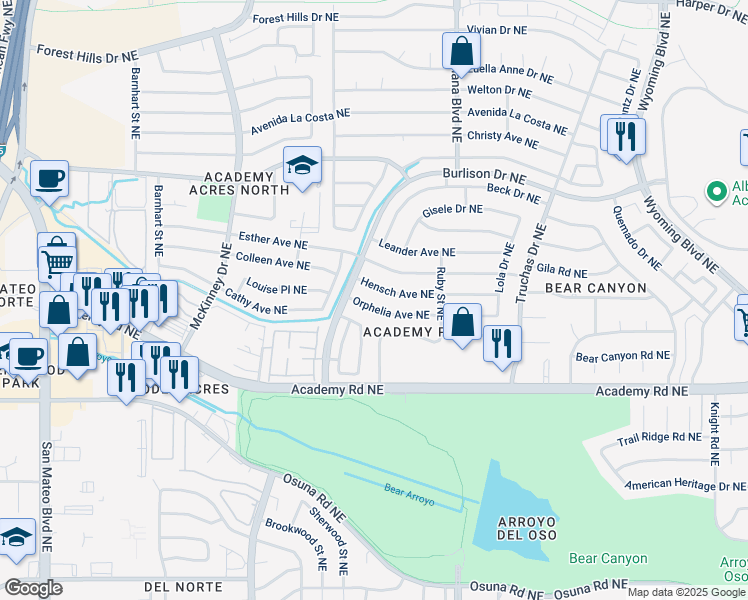 map of restaurants, bars, coffee shops, grocery stores, and more near 6624 Orphelia Avenue Northeast in Albuquerque