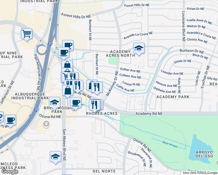map of restaurants, bars, coffee shops, grocery stores, and more near 5981 McKinney Drive Northeast in Albuquerque