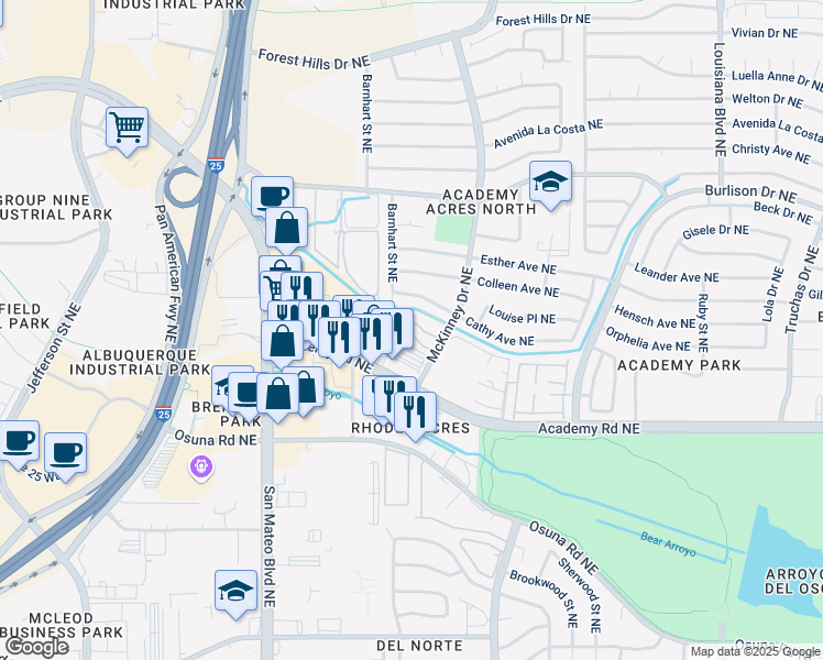 map of restaurants, bars, coffee shops, grocery stores, and more near 5931 McKinney Drive Northeast in Albuquerque